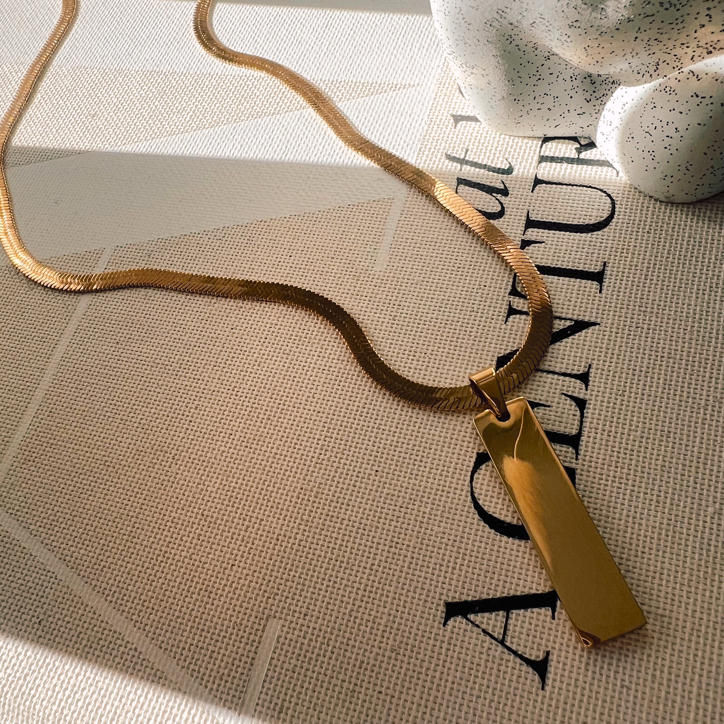 Rectangle Drop Engraving Herringbone Necklace