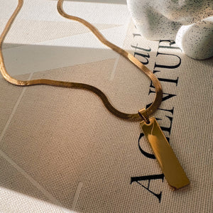 Rectangle Drop Engraving Herringbone Necklace
